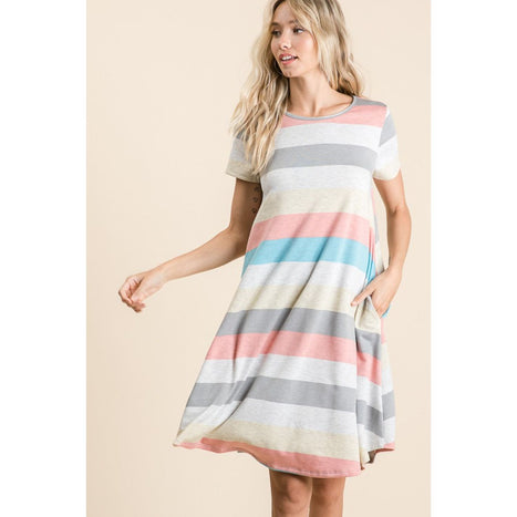 Striped Short Sleeve Dress with Pockets