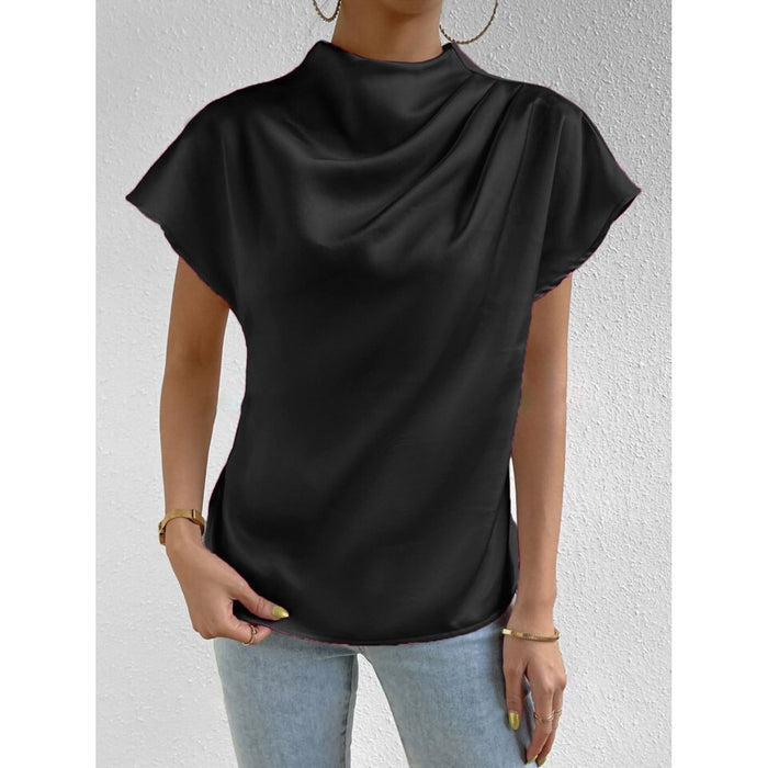 Ruched Mock Neck Short Sleeve Blouse