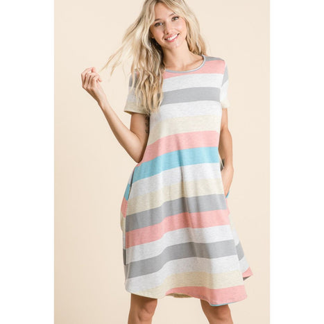 Striped Short Sleeve Dress with Pockets