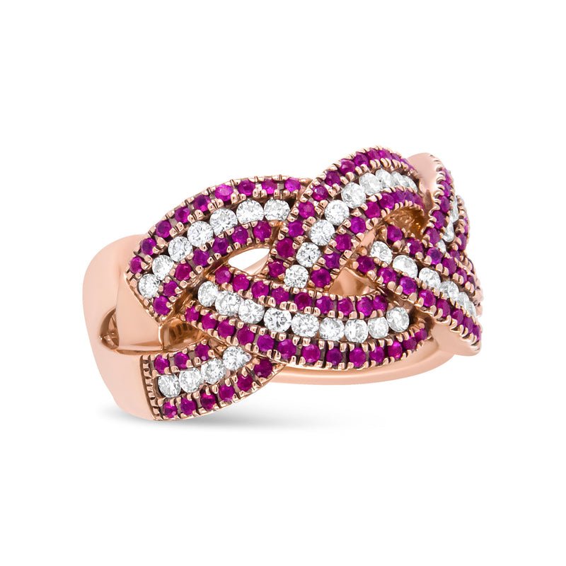 Bids.com 18K Rose Gold Red Ruby and 7/8 Cttw Diamond Woven Braided Band Ring (F-G Color, VS1-VS2 Clarity) - Ring Size 7 Rings