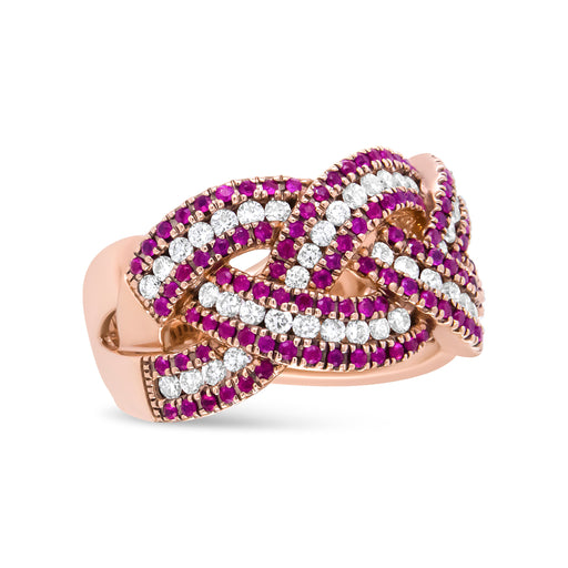 Bids.com 18K Rose Gold Red Ruby and 7/8 Cttw Diamond Woven Braided Band Ring (F-G Color, VS1-VS2 Clarity) - Ring Size 7 Rings