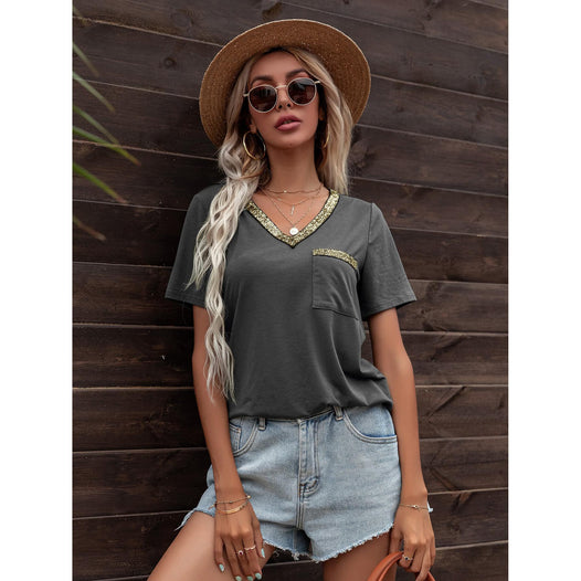 Glitter V-Neck Short Sleeve Tee Shirt