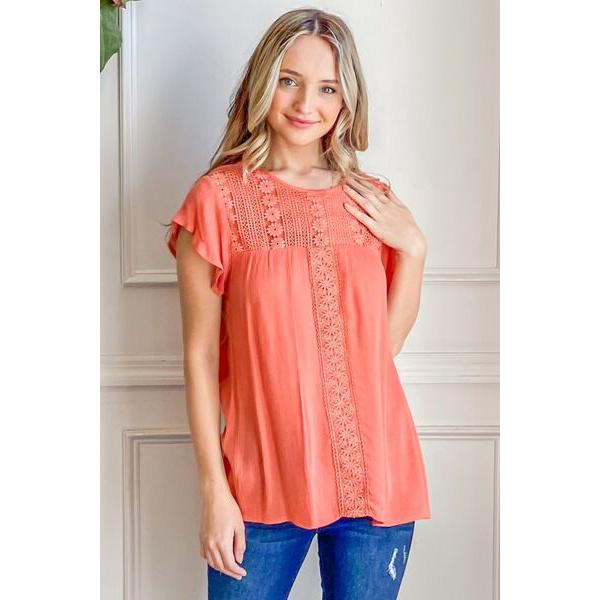 And The Why Lace Detail Ruffle Short Sleeve Blouse