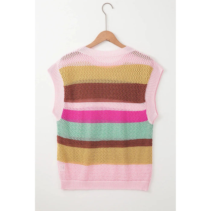 Color Block Round Neck Cap Sleeve Knit Top