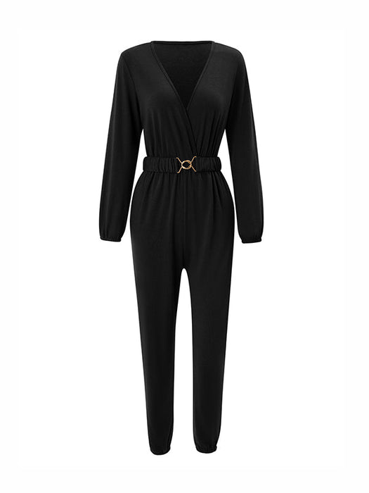 Long Sleeves Belted Elasticity V-Neck Jumpsuits by migunica