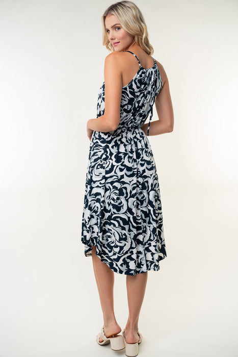 Tied Ruched Floral Sleeveless Knee Length Dress in Black