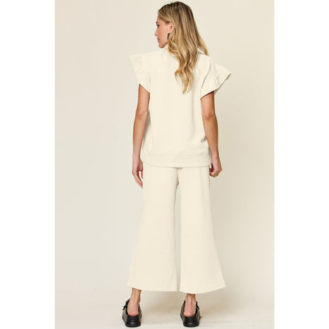 Texture Ruffle Short Sleeve Top and Drawstring Wide Leg Pants Set