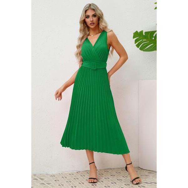 Surplice Sleeveless Midi Pleated Dress