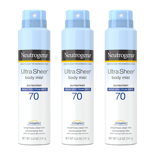 Neutrogena Neutrogena Ultra Sheer Body Mist Sunscreen Spray, Broad Spectrum SPF 70, Lightweight Spray Sunscreen, Non-Greasy & Water Resistant, Oil-Free & Non-Comedogenic U Sunscreen