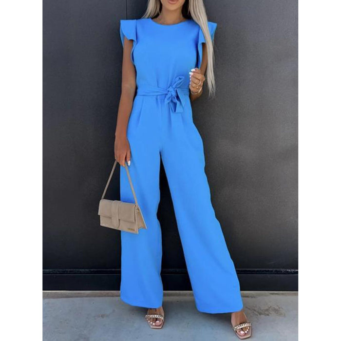 Ruffled Round Neck Cap Sleeve Jumpsuit