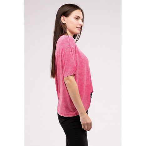 Washed Ribbed Cuffed Short Sleeve Round Neck Top