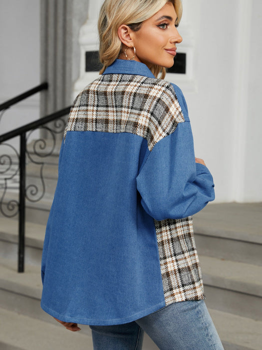 Plaid Button Up Long Sleeve Denim Jacket