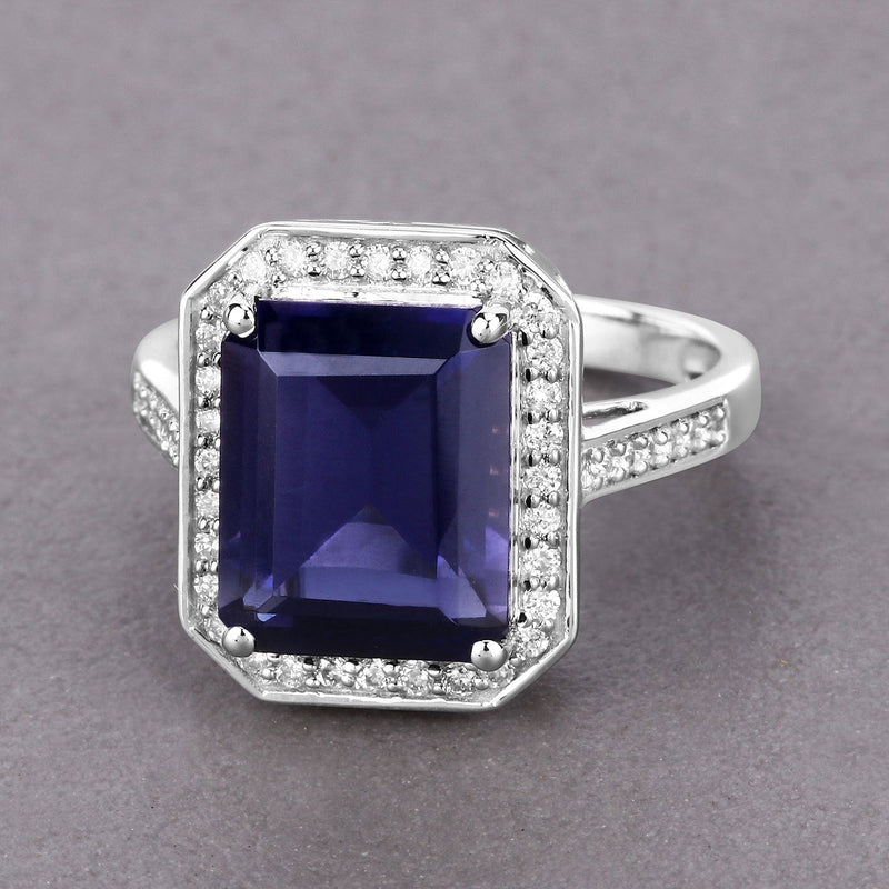 Bids.com 3.70 Carat Genuine Iolite and White Diamond 14K White Gold Ring Rings