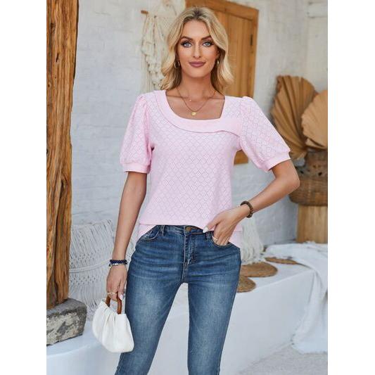 Eyelet Asymmetrical Neck Short Sleeve T-Shirt