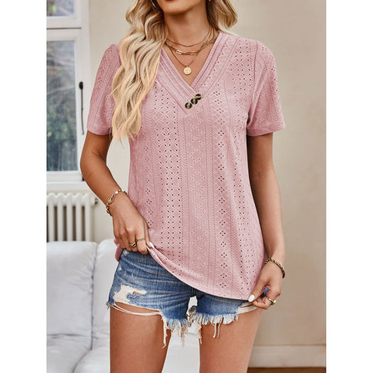 Eyelet V-Neck Short Sleeve Top