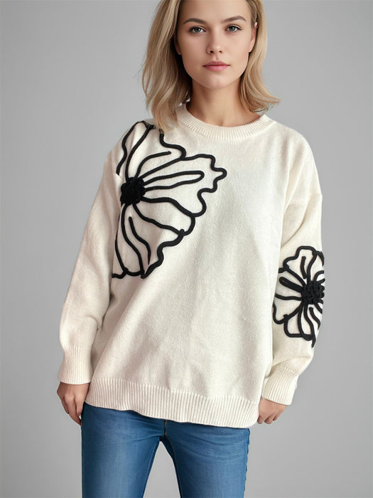 Flower Round Neck Long Sleeve Sweater