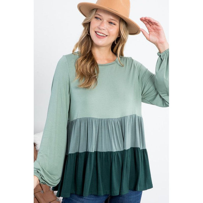 COLOR BLOCK RUFFLE TIERED SWING TOP