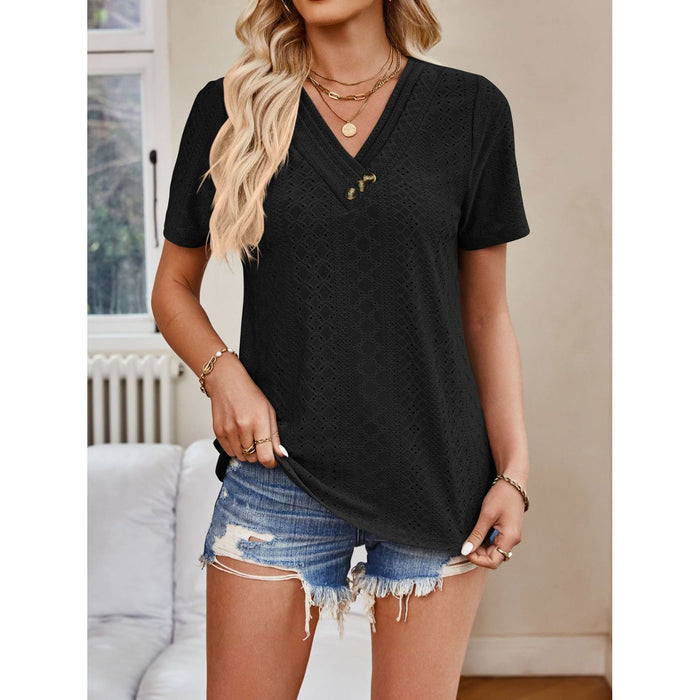 Eyelet V-Neck Short Sleeve Top