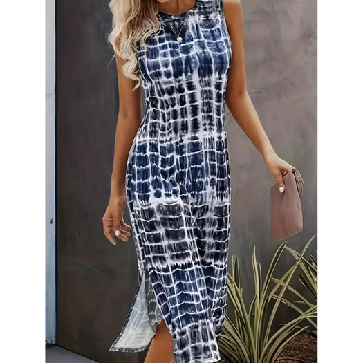 Slit Printed Round Neck Sleeveless Dress