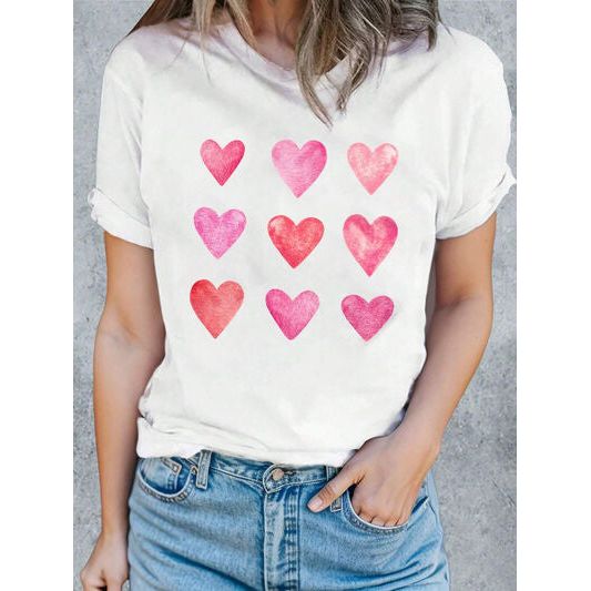 Heart Round Neck Short Sleeve T-Shirt