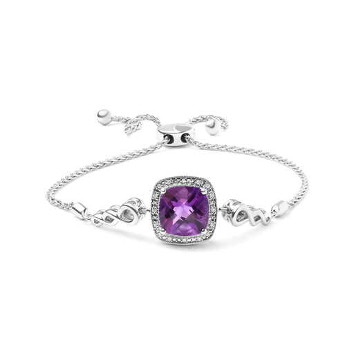Bids.com .925 Sterling Silver 10mm Cushion Cut Amethyst Gemstone and Diamond Accent Lariat 4â€-10â€ Adjustable Bolo Bracelet (H-I Color, SI1-SI2 Clarity) Bracelets