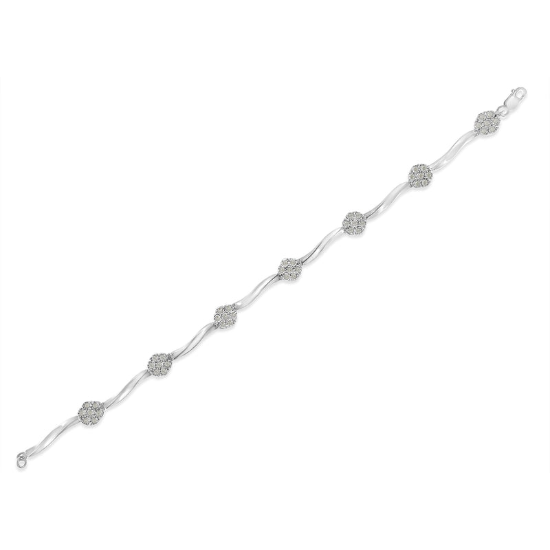 Bids.com .925 Sterling Silver 1.0 Cttw Diamond Cluster Miracle-Set Station & Twisted Bar 7" Tennis Bracelet (H-I Color, I1-I2 Clarity) Bracelets