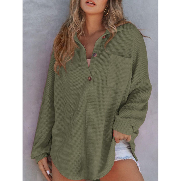 Waffle-Knit Dropped Shoulder Long Sleeve Sweatshirt