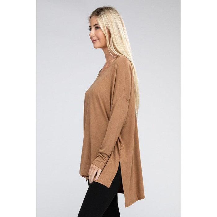 Dolman Long Sleeve V-Neck Side Slit Hi-Low Hem Top