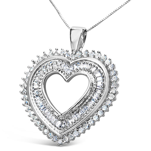 Bids.com .925 Sterling Silver 1.0 Cttw Baguette and Round Diamond  Heart Pendant 18" Necklace (H-I Color, I3 Clarity) Necklaces