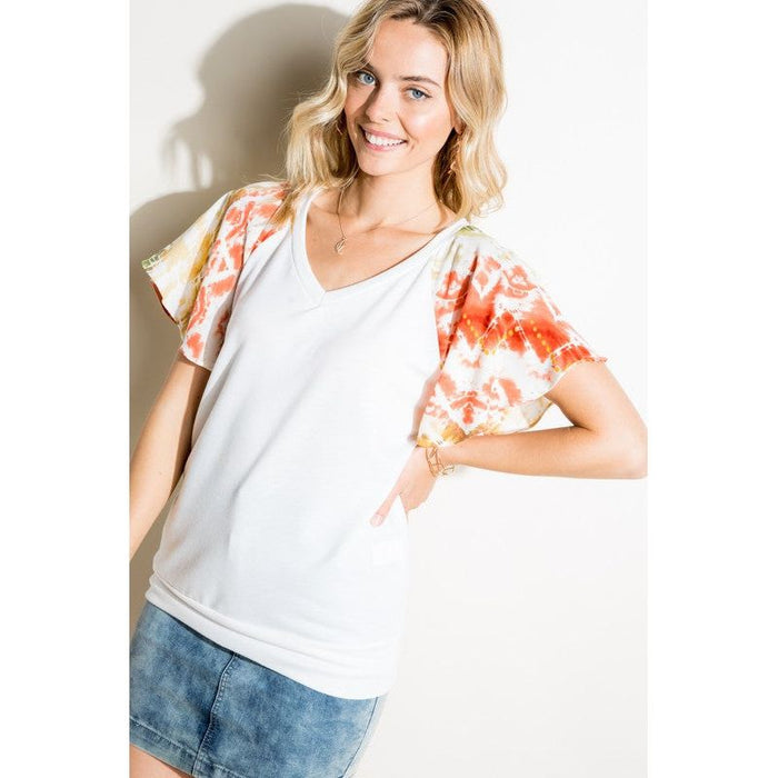 V NECK SHORT FLAIR SLEEVE TOP