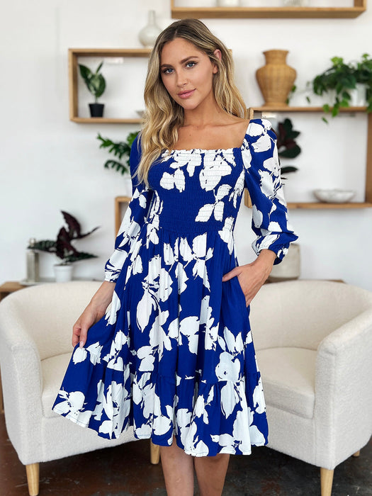 Floral Ruffle Hem Smocked Dress in Royal Blue