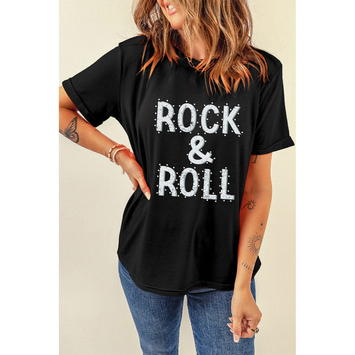 Rock & Roll Letter Graphic Round Neck Short Sleeve Graphic Tee in Black