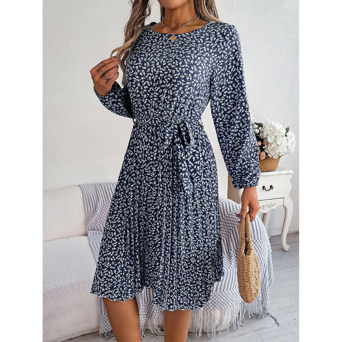 Ditsy Floral Tie Waist Pleated Dress