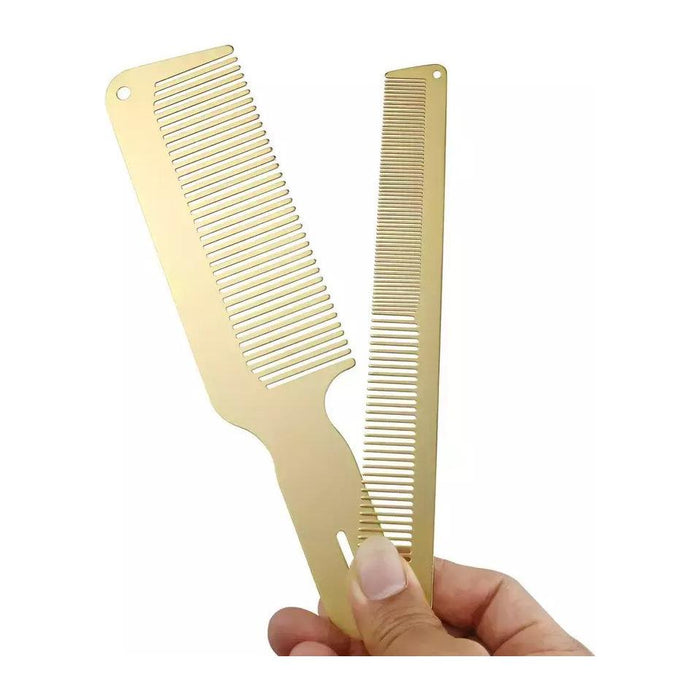 Professional Metal Styling Cutting Comb And Flat Top Clipper Comb Set Gold Color + Fade Brush