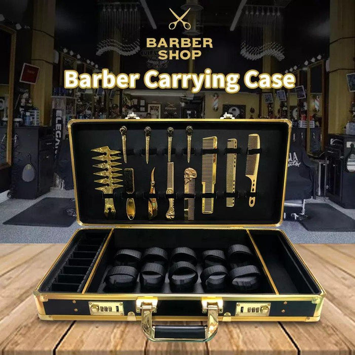 Professional Barber Combo Set Gold, Stylecraft Saber Trimmer #Sc405G, Carrying Case, Blade Storage, Straight Edge Razor, Clipper Grip, Fade Brush, Neck Duster, Flat Top Comb, Barber Hair Spray, Hair Clips, Barber Mat