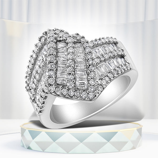 Bids.com 14K White Gold 1-1/2 Cttw Round and Baguette Diamond Bypass Cocktail Ring Band (H-I Color, SI1-SI2 Clarity) - Size 7 Rings