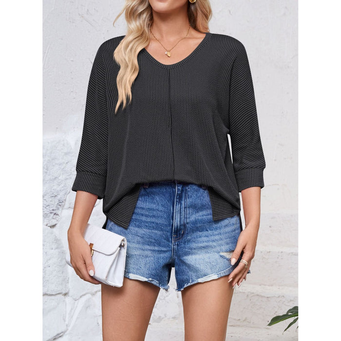 Textured Round Neck Three-Quarter Sleeve Blouse