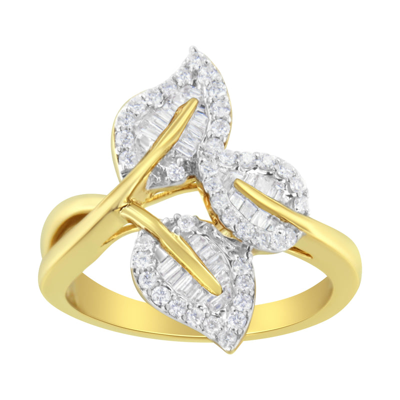 Bids.com 10k Yellow and White Gold 1/2 Cttw Baguette and Round Diamond Bypass Triple Leaf Ring (I-J Color, I1-I2 Clarity) - Size 7 Rings