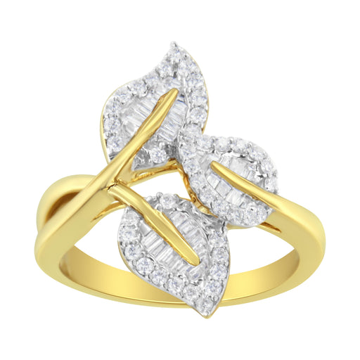 Bids.com 10k Yellow and White Gold 1/2 Cttw Baguette and Round Diamond Bypass Triple Leaf Ring (I-J Color, I1-I2 Clarity) - Size 7 Rings