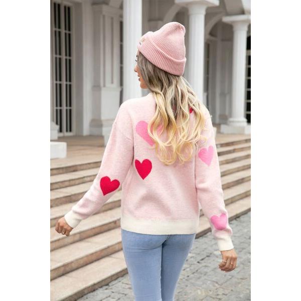 Heart Round Neck Droppped Shoulder Sweater