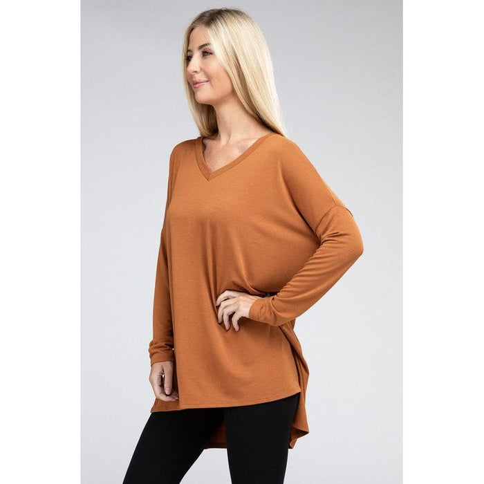 Dolman Long Sleeve V-Neck Side Slit Hi-Low Hem Top