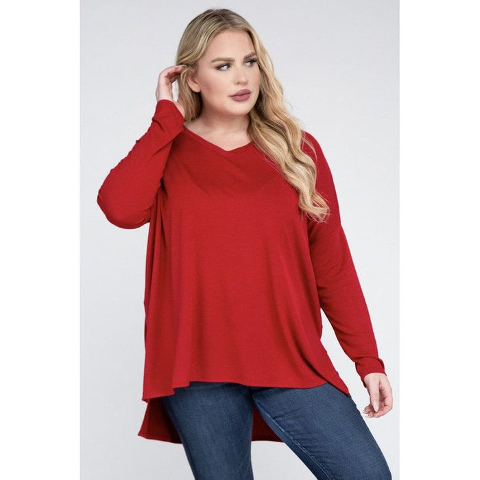 Plus Dolman Sleeve V-Neck Side Slit Hi-Low Hem Top