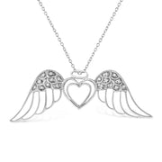 Bids.com .925 Sterling Silver Pave-Set Diamond Accent Angel Wing 18" Double Heart Pendant Necklace (I-J Color, I1-I2 Clarity) Necklaces