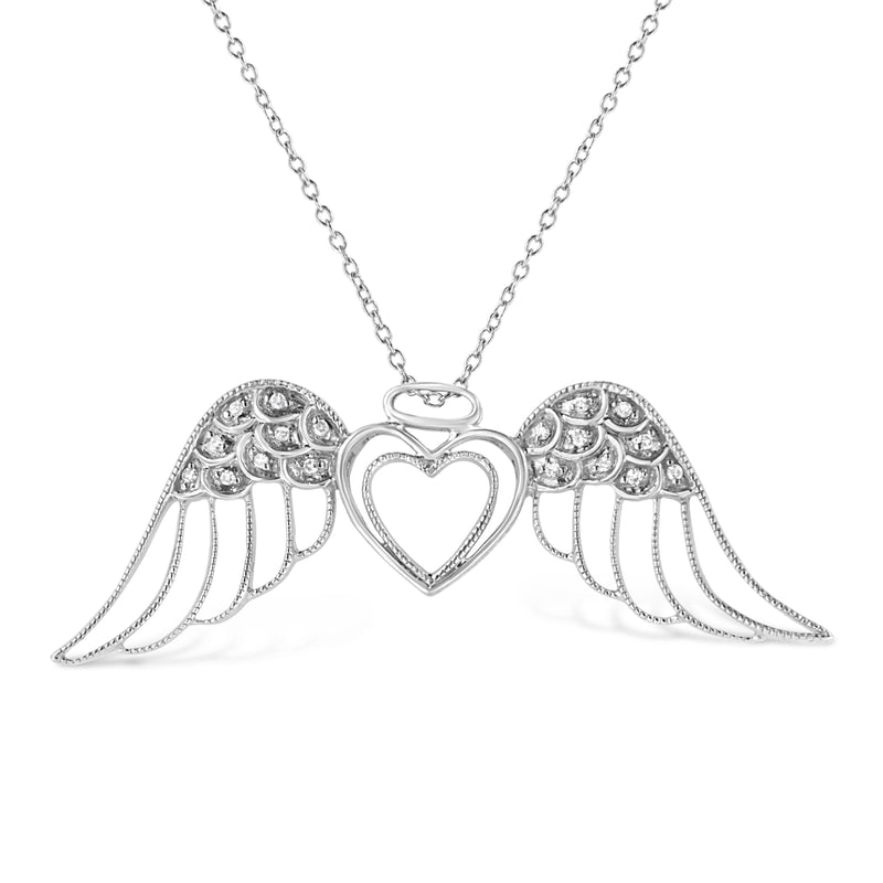 Bids.com .925 Sterling Silver Pave-Set Diamond Accent Angel Wing 18" Double Heart Pendant Necklace (I-J Color, I1-I2 Clarity) Necklaces