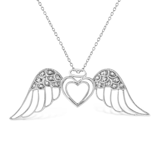 Bids.com .925 Sterling Silver Pave-Set Diamond Accent Angel Wing 18" Double Heart Pendant Necklace (I-J Color, I1-I2 Clarity) Necklaces