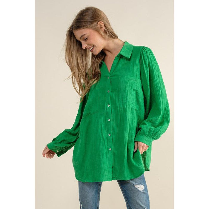 TEXTURED GAUZE BUTTON DOWN PUFF SLEEVES BLOUSE TOP