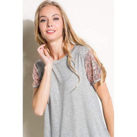 SOLID JERSEY SEQUINCE SLEEVE TOP