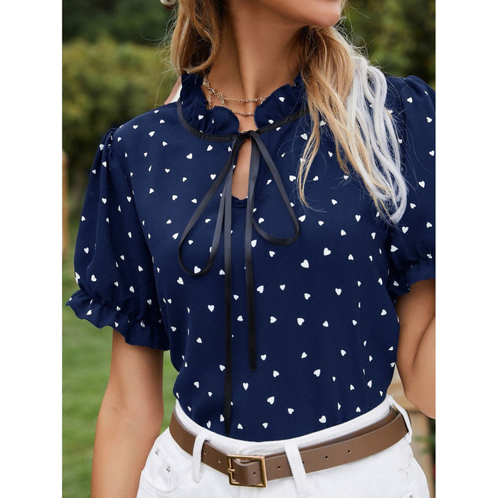 Heart Print Tie Neck Short Sleeve Blouse