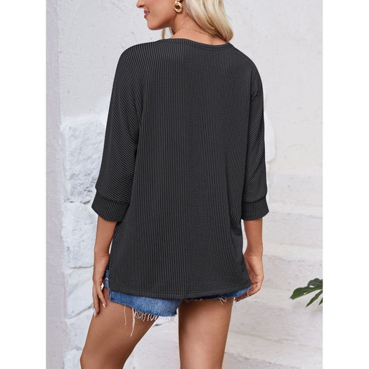 Textured Round Neck Three-Quarter Sleeve Blouse