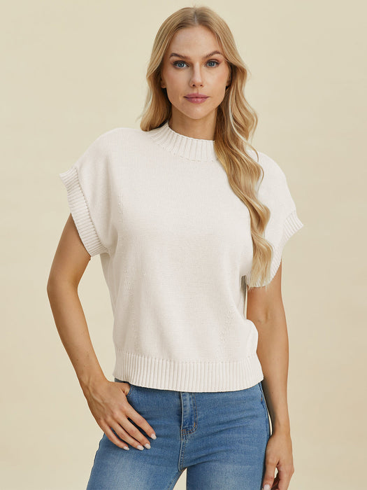 Full Size Mock Neck Short Sleeve Sweater